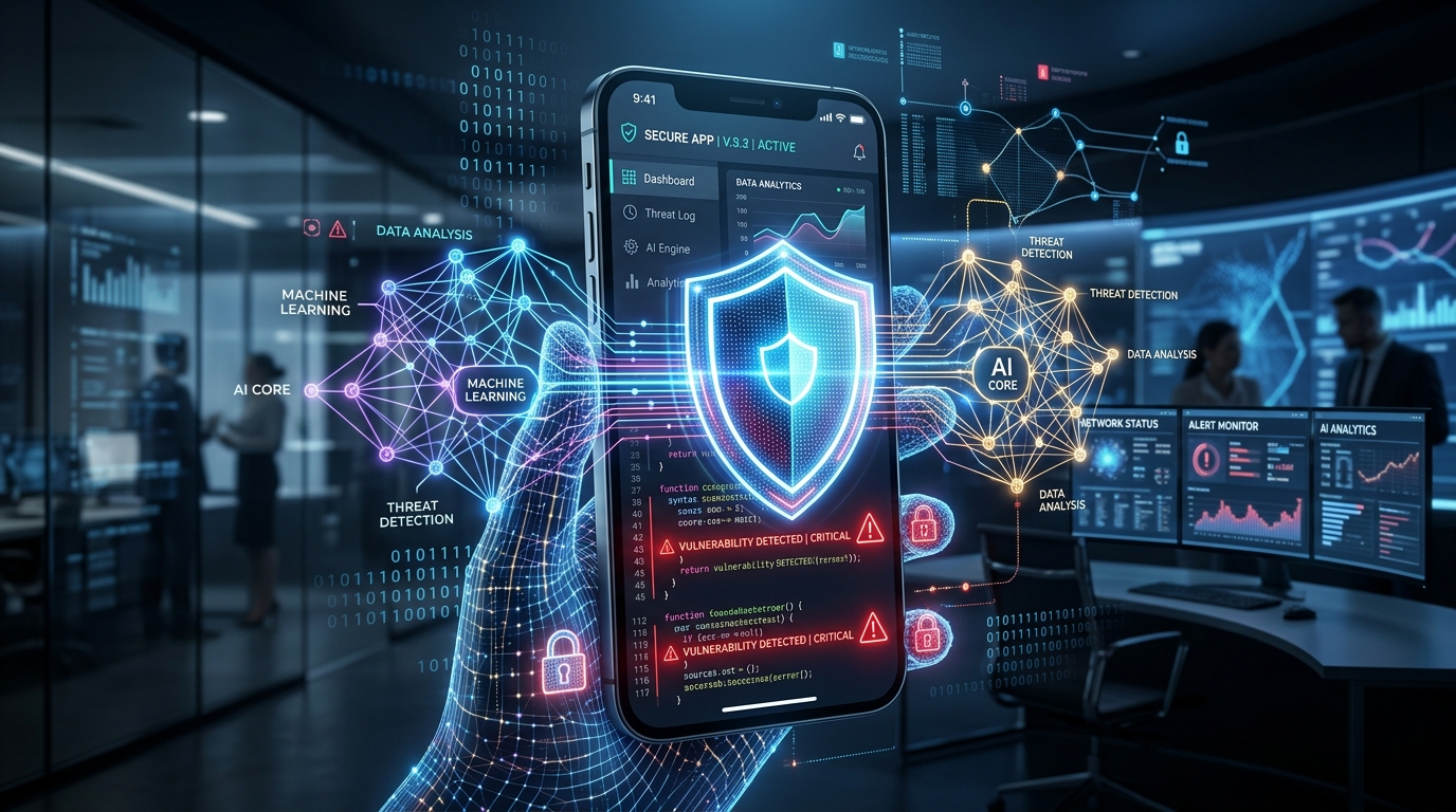 Mão digital segurando um smartphone com um escudo de segurança na tela, cercado por alertas de vulnerabilidade crítica sobre trechos de código e por uma rede de nós de IA.